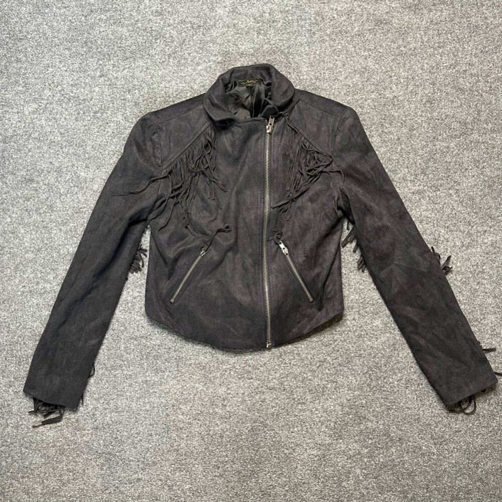 Audrey 3+1 Anthropologie Womens Moto Jacket Black Full Zip Fringe Mock Neck S